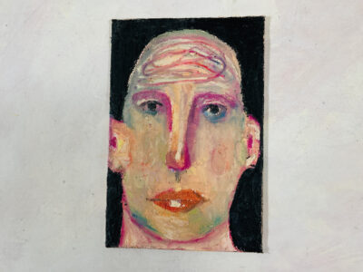 Oil pastel drawing of a bald man with a busy monkey mind