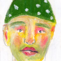 Oil pastel painting of a man wearing a green winter hat with a pompom