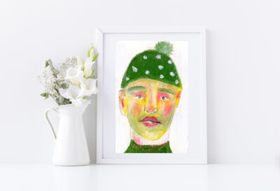 Oil pastel painting of a man wearing a green winter hat with a pompom
