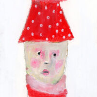 Oil pastel painting of a person wearing a red polka dot winter hat with a pompom