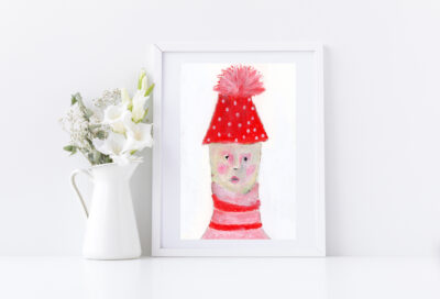 Oil pastel painting of a person wearing a red polka dot winter hat with a pompom