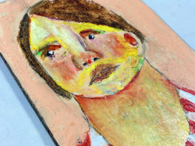 Oil pastel drawing of a worried woman