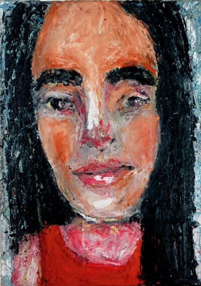 Oil pastel & oil paint portrait painting of a girl wearing red by Katie Jeanne Wood