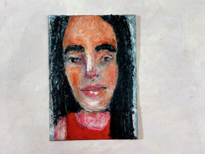 Oil pastel & oil paint portrait painting of a girl wearing red by Katie Jeanne Wood