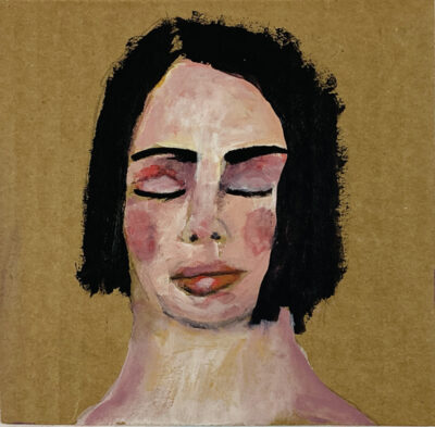 Acrylic portrait painting of a dreaming woman on cardboard