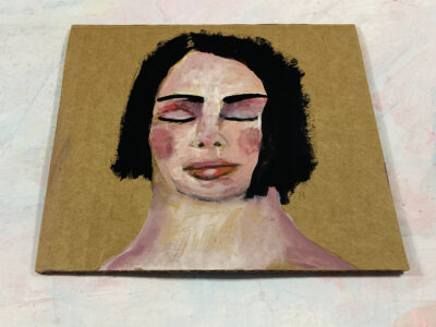 Acrylic portrait painting of a dreaming woman on cardboard