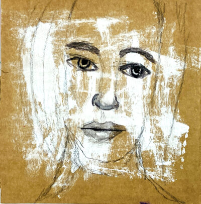 Acrylic portrait painting of a woman on cardboard