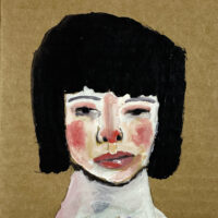 Acrylic portrait painting of a distant woman on cardboard