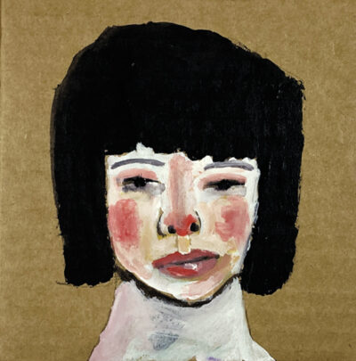 Acrylic portrait painting of a distant woman on cardboard
