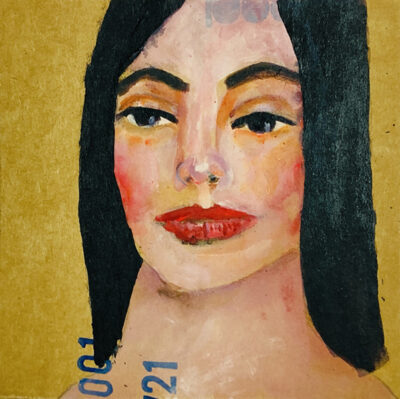 Acrylic portrait painting of a woman on cardboard