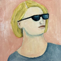 Oil portrait painting of a woman with blonde hair wearing sunglasses by Katie Jeanne Wood