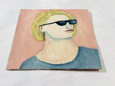 Oil portrait painting of a woman with blonde hair wearing sunglasses by Katie Jeanne Wood
