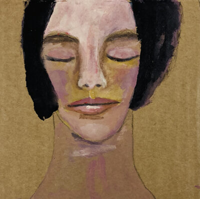 Acrylic portrait painting of a woman on cardboard