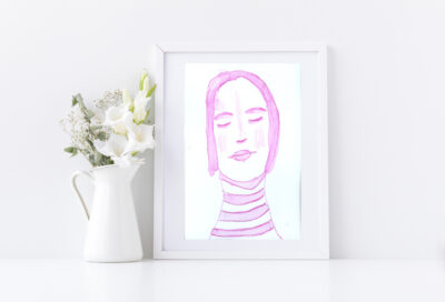 Pink portrait watercolor painting by Katie Jeanne Wood