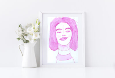 Pink portrait watercolor painting by Katie Jeanne Wood