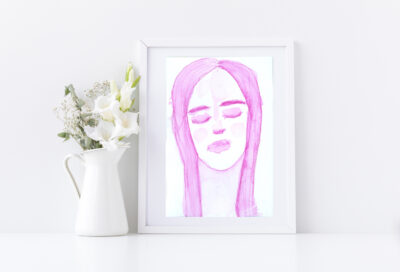 Pink portrait watercolor painting by Katie Jeanne Wood