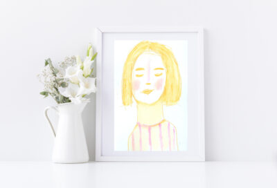 Yellow portrait watercolor painting by Katie Jeanne Wood