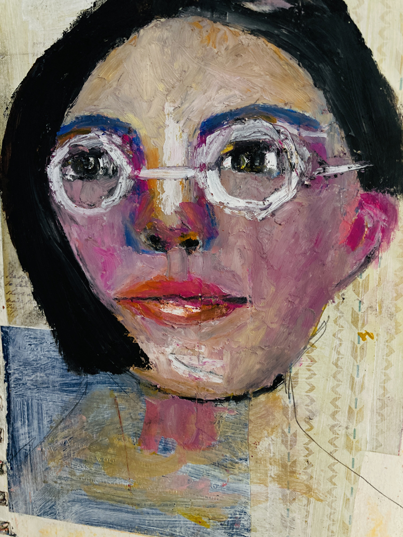 Art journal portrait painting of a woman wearing white glasses by Katie Jeanne Wood  