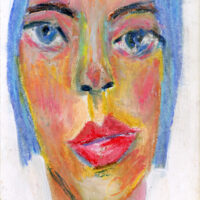 4x6 oil pastel portrait painting of a woman with blue hair titled Calm Within Chaos by Katie Jeanne Wood