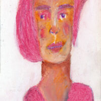 4x6 oil pastel portrait painting of a woman in pink titled Couldn't Miss Him by Katie Jeanne Wood