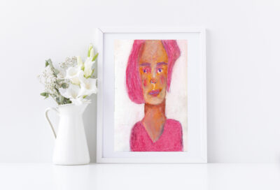 4x6 oil pastel portrait painting of a woman in pink titled Couldn't Miss Him by Katie Jeanne Wood