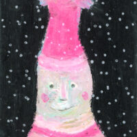 4x6 oil pastel portrait painting of a person wearing a pink pompom hat titled Joy of Discovery by Katie Jeanne Wood