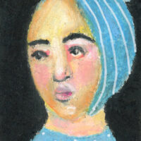 4x6 oil pastel portrait painting of a woman wearing a blue hat titled Nighttime Reflections by Katie Jeanne Wood