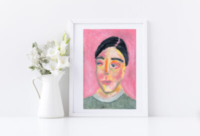 4x6 oil pastel portrait painting of a person titled Pink Sanctuary by Katie Jeanne Wood