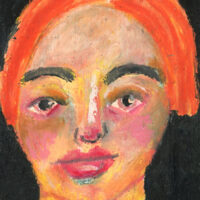 4x6 oil pastel portrait painting of a woman titled Portrait of a Night Owl by Katie Jeanne Wood