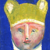 4x6 oil pastel portrait painting of a boy wearing a green bear hat titled The Purity of Innocence by Katie Jeanne Wood