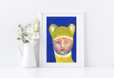 4x6 oil pastel portrait painting of a boy wearing a green bear hat titled The Purity of Innocence by Katie Jeanne Wood