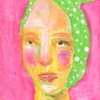 4x6 oil pastel portrait painting of a woman wearing a green polka hat titled Winter's Grace by Katie Jeanne Wood