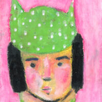 4x6 oil pastel portrait painting of a girl wearing a green polka hat titled Winter's Grace by Katie Jeanne Wood