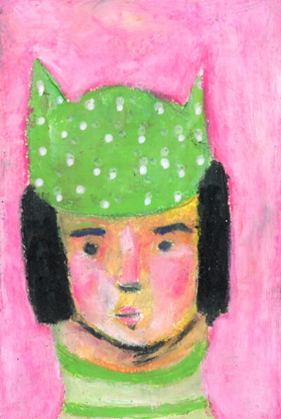 4x6 oil pastel portrait painting of a girl wearing a green polka hat titled Winter's Grace by Katie Jeanne Wood