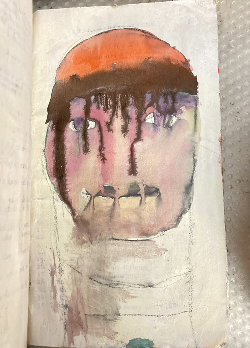 Art journal portrait painting created with watercolors