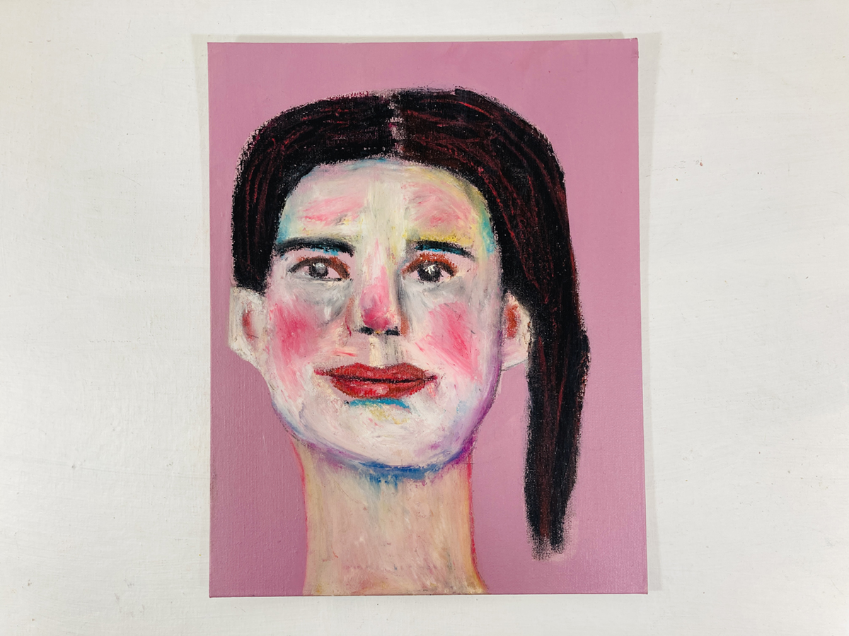 Oil pastel portrait painting of a girl with a side ponytail by Katie Jeanne Wood