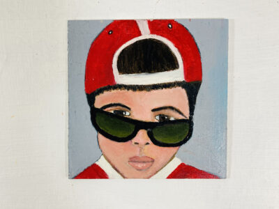 6x6 oil portrait painting of a boy ready to play baseball by Katie Jeanne Wood