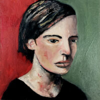 6x6 oil portrait painting of a sad woman by Katie Jeanne Wood