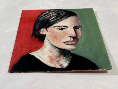 6x6 oil portrait painting of a sad woman by Katie Jeanne Wood