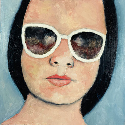 6x6 oil portrait painting of a woman wearing white sunglasses by Katie Jeanne Wood