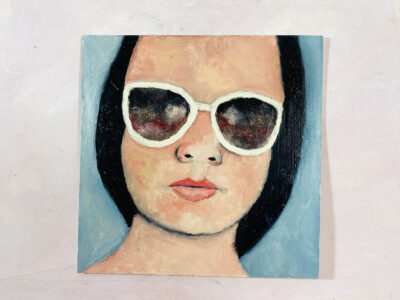 6x6 oil portrait painting of a woman wearing white sunglasses by Katie Jeanne Wood