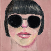 Oil pastel drawing of a woman wearing black sunglasses by Katie Jeanne Wood