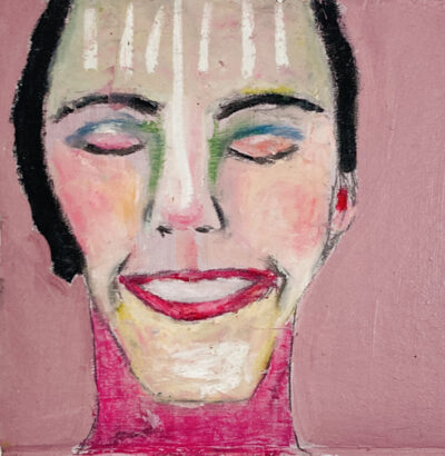 Oil pastel drawing of a happy, smiling woman by Katie Jeanne Wood