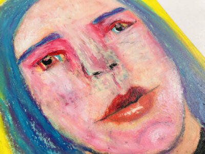 Oil pastel portrait painting of a stressed woman by Katie Jeanne Wood