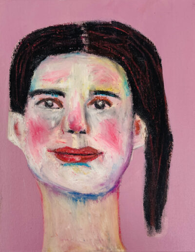 Oil pastel portrait painting of a woman with a side ponytail by Katie Jeanne Wood