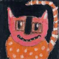 Silly grinning pink cat painting by artist Katie Jeanne Wood