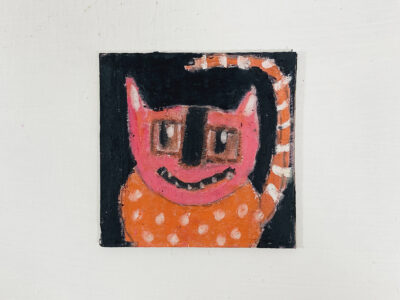 Silly grinning pink cat painting by artist Katie Jeanne Wood