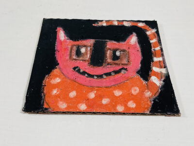 Silly grinning pink cat painting by artist Katie Jeanne Wood