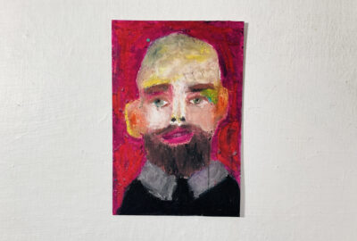 Oil pastel portrait of a bald man titled Handsome Henry by Katie Jeanne Wood