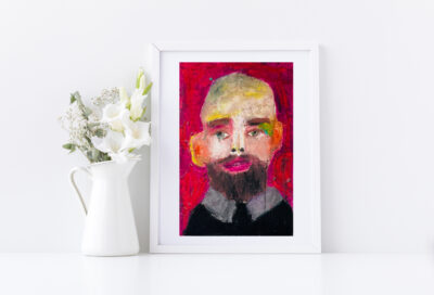 Oil pastel portrait of a bald man titled Handsome Henry by Katie Jeanne Wood